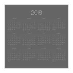 Vector calendar - Year 2018. Week starts from Sunday. Simple flat vector illustration with white numbers and letters on dark grey background.