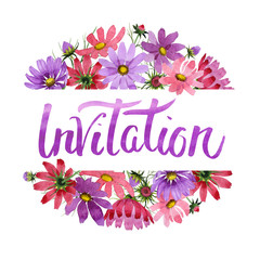 Wildflower kosmeya flower frame in a watercolor style isolated.