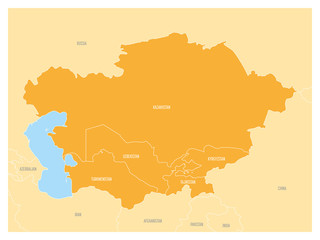 Map of Central Asia region with orange highlighted Kazakhstan, Kyrgyzstan, Tajikistan, Turkmenistan and Uzbekistan. Flat vector map with blue water, yellow lands and country name labels.