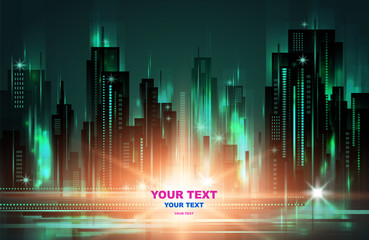 Illuminated night city skyline, vector illustration