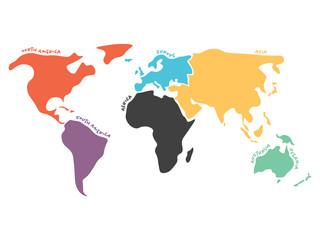 Multicolored world map divided to six continents in different colors - North America, South America, Africa, Europe, Asia and Australia Oceania. Simplified silhouette vector map with continent name - obrazy, fototapety, plakaty