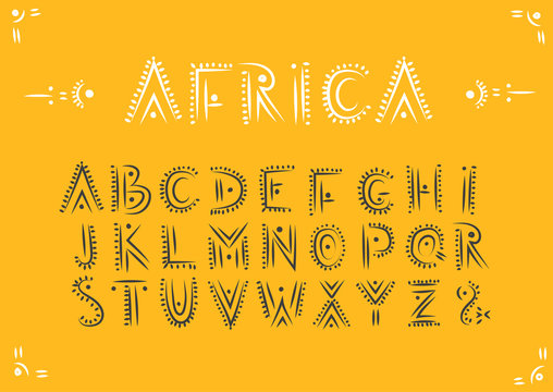 Vector handwritten alphabet in African ethnic style. Uppercase ornamental black letters on a yellow background.