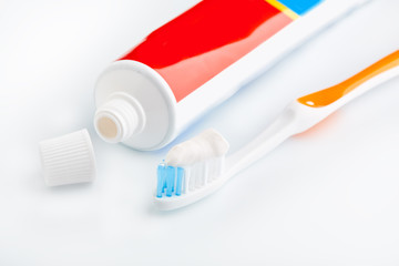 toothbrush And toothpaste isolated on white. Dental floss. Health and dental hygiene. Personal hygiene. A healthy mouth. Bathroom amenities. accessories.