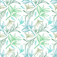 Naklejka na ściany i meble Tea leaves seamless pattern. Food background in hand drawn style. Colorfull contour on white