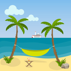 A hammock between palm trees on the beach