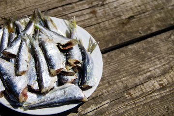 Gutted baltic herring on a plate on rustic wooden table