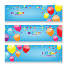 Editable blue horizontal happy birthday banner with balloon and confetti decoration set. x banner  design Print