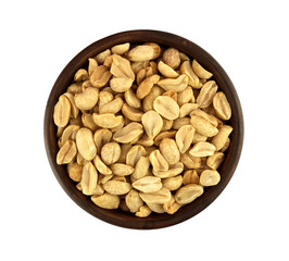 Roasted salted peanuts in bowl isolated on white background