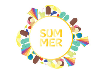 Summer banner design with white circle and color summer elements on white background