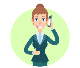 Businesswoman talking on mobile phone and showing thumb up