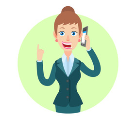 Businesswoman talking on mobile phone and pointing up