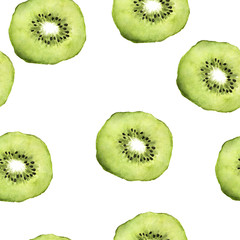 Fototapeta premium Watercolor seamless pattern with kiwi slices. Repeating green fruit background