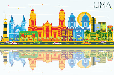 Lima Skyline with Color Buildings, Blue Sky and Reflections.