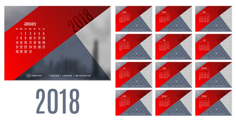 Vector of Calendar New year 2018 ,12 month calendar with modern red and blue triangle style,week start at Sunday,Template for place your photo