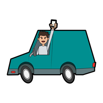 happy man holding cellphone while driving car icon image vector illustration design 
