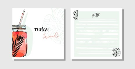 Hand drawn vector abstract cooking cards recipe collection set template with detox water drink glass jar,lemons and tropical palm leaves isolated on white background.