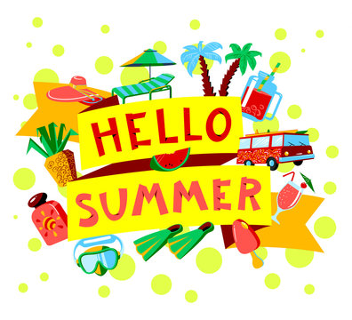 Summer beach cartoon banner with Hello Summer letters.