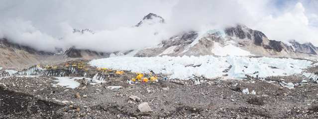 Panorama of Everest Base Camp situated on Khumbu Glacier. EBC is also a common base camp of Lhotse. Himalaya mountains, Sagarmatha National Park, Nepal.  - obrazy, fototapety, plakaty
