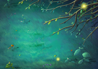 Fototapeta na wymiar Top View of Beautiful Night in the Clearing Forest. Video Game's Digital CG Artwork, Concept Illustration, Realistic Cartoon Style Background 