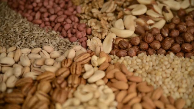 Nuts mix in a canvas bag in table.