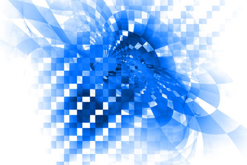 Abstract checkered texture with distorted shapes. Fractal background in blue colors. Digital art. 3D rendering.