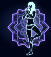 Silhouette of a woman doing yoga exercises. Neon mandala on the background. Vector image.