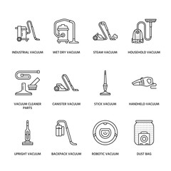 Vacuum cleaners colored flat line icons. Different vacuums types - industrial, household, handheld, robotic, canister, wet dry. Thin linear signs for housework equipment shop.