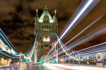 Light trails along Tower Bridge in London, UK