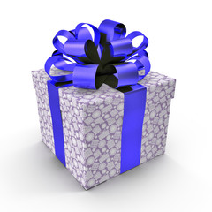 Square blue giftbox with lid tied ornamental ribbon on white. 3D illustration