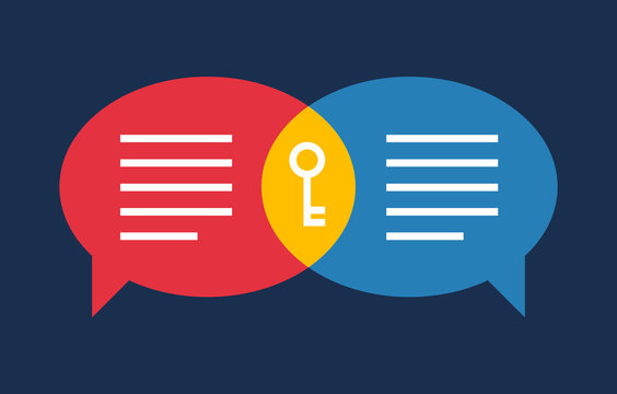Communication is the key, Two speech bubbles and key symbol, Business illustration vector