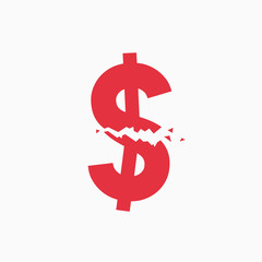 Crashed dollar sign, financial crisis, business illustration vector
