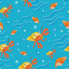 Naklejka na ściany i meble Hermit crab, sea and seashells. Blue background with waves. Seamless pattern. Design for tapestries, children's textiles with characters from the cartoon inhabitants of the sea.
