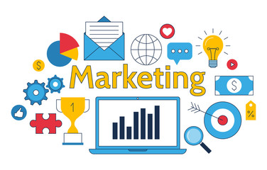 Marketing symbols, digital media, line business illustration vector