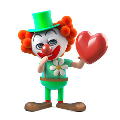 3d Funny cartoon clown character holding a red heart