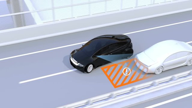 Side view assist system avoid car accident when changing lane. Concept for driver assistance systems. 3D rendering animation.