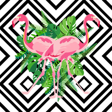 Hand drawn pink flamingo with tropical leaves in mirror image style on geometric background.