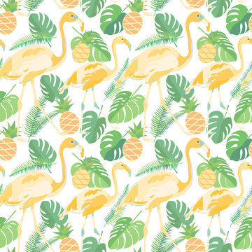 Tropical trendy seamless pattern with flamingos, pineapples and palm leaves