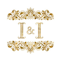 I and I vintage initials logo symbol. The letters are surrounded by ornamental elements. Wedding or business partners monogram in royal style.