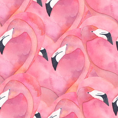 Seamless pattern with watercolor pink flamingo couple in the shape of a heart © natikka