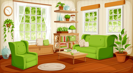 Vector cozy living room interior with big windows, sofa, armchair and houseplants.