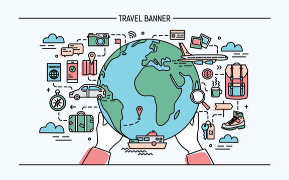 Concept of travel and tourism. Horizontal advertising banner with earth, globe, transport, things necessary traveler. Colorful vector illustration in lineart style.