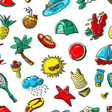Summer objects seamless pattern. Vector background with summer objects - watermelon, campig, tent, swimming and seasonal clothing, marine objects, sun and clouds