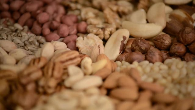 Nuts mix in a canvas bag in table.