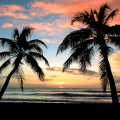 Obraz na płótnie Canvas Coucher de soleil, plage de rêve et palmiers 