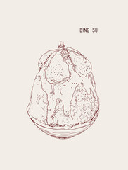Ice milk Korean dessert, Bingsu with strawberry and sauce.sketch vector.