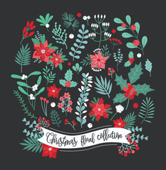 Obraz premium Christmas floral decoration collection. Set of different flowers, leaves and berry. Colorful vector design elements. Illustration on dark background.