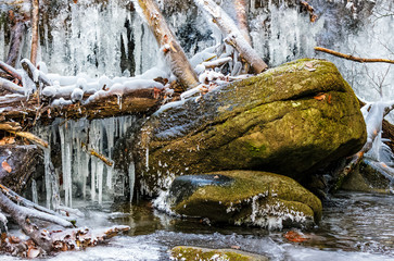 huge boulder in frozen waterfall