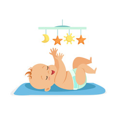 Cute naked baby in a diaper lying in bed and having fun with toy carousel, colorful cartoon character vector Illustration
