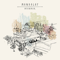 Mosque in Mandalay, Myanmar (Burma). Travel sketch. Vintage hand drawn touristic postcard