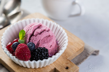 Berry ice cream in white bowl
